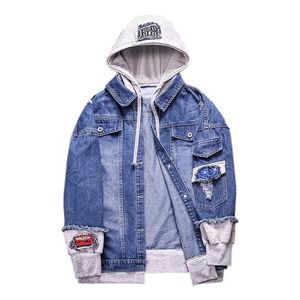 Mäns Jackor Hooded Jacket Modig Denim Män Fake 2 Pieces Cool Design Demin Coat Broderi Ytterkläder Kläder