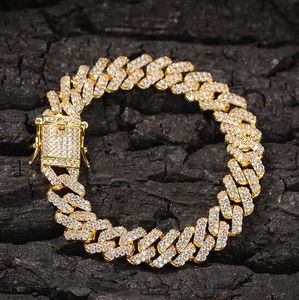12mm Gold Silver Zircon Mens Bracelet 18K Gold Plated Full Icy Miami Locked Curb Cuban Bracelets Non-fading Non-allergic