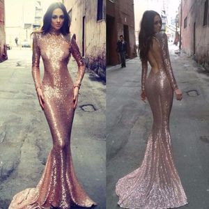 2020 New Party Gowns Sexig öppen baksida Långärmad Mermaid Prom Dress Bling Bling Rose Gold Sequins Evening Dresses Vestido de Festa 2018