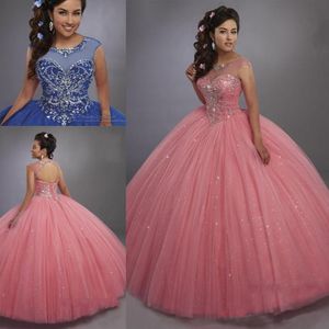 Bling Bling Quinceanera Dresses Illusion Scoop Neck Lace Up Back Crystals Blue Sweet 15 Dress Pageant Gowns Party Dress