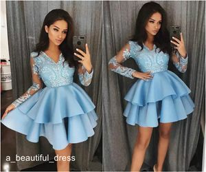 Elegant Blue Short Cocktail Dresses Lace Appliques Sheer Long Sleeves V Neck A Line Homecoming Dress Graduation Gowns Prom Dress Party Dress