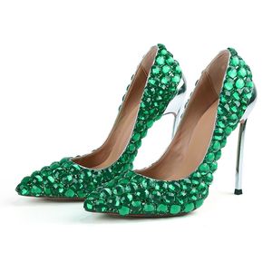 Grön Crystal Rhinestone Women Party High Heel Dress Shoes Pointy Toe Luxury Stiletto Ladies Bröllop Party Shoe Stor storlek 41