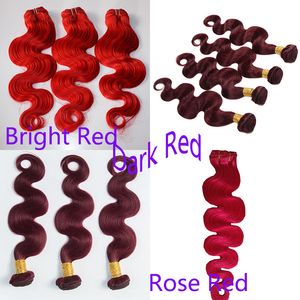 Elibess Body Wave Brasilian Bright Rose Dard Red Hair Weave 99J Peruanska röda hårbuntar 100g 3 st mycket DHL Fedex gratis