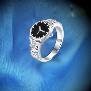 Moda feminina relógio forma anel de dedo banhado a prata strass anel tamanho 6-10 moda jóias acessórios para presente