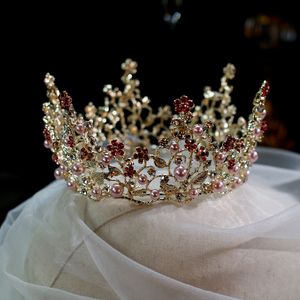 Janevini lyxig guld prinsessa krona rosa pärlor röd kristaller brud hår tillbehör barn krona bröllop födelsedagsfest tårta huvudstycken