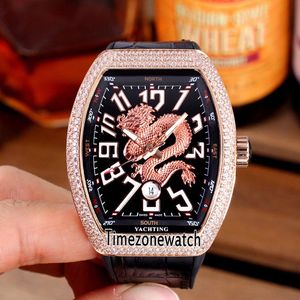 Vanguard Titta på ny V45 SC DT AC BL Rose Gold Diamond Bezel Black Dial 3D Gold Dragon King Automatic Mens Watch Rubber Watches TimezoneWatch E48a1