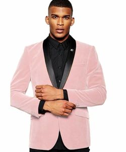 Brand New Pink Velvet Groom Tuxedos Black Szal Lapel Groomsman Wesele 2 szt. Garnitur Moda Mężczyźni Prom Kurtka Blazer (Kurtka + Spodnie + Krawat) 2685