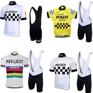 Molteni Peugeot neuer Mann Weiß / Gelb Vintage Radsporttrikot Set Kurzarm Radkleidung Kleidung Reitkleidung Anzug Bike Tragen Shorts Gel Pad