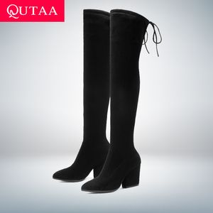 Qutaa 2019 Damskie buty nad kolanami Wysokie buty wskazane palce jesień buty zimowe kobiety kopyta obcasy stada damskie buty rozmiar 34-43