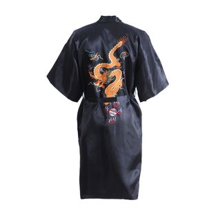 Abito da bagno in raso di seta da uomo cinese nero ricamato Drago Kimono Abito da bagno unisex Accappatoio allentato Taglia M L XL XXL XXXL D0317 T200420