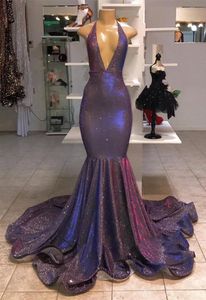 Halter Sequins Mermaid Long Prom Dresses 2020 Sexig Ruched Backless Sweep Train Formell Party Evening Gowns BC1320