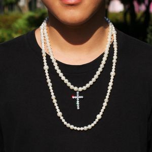 2 New Personalized Layers White Freshwater Pearl Cz Cross Pendant Mens Choker Necklace Miami Hip Hop Rapper Jewelry Gifts for Men & Women