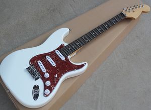 Direkt ab Werk erhältliche weiße E-Gitarre mit rotem Perlmutt-Schlagbrett und gewelltem Palisander-Griffbrett, kann individuell angepasst werden