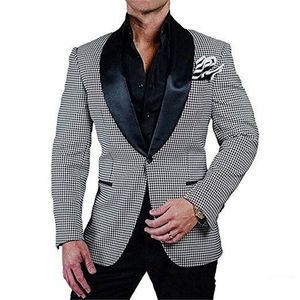 Mode Houndstooth Groom Tuxedos Black Shawl Lapel Groomsmen Bröllop Tuxedos Populära män Formell Blazer Prom Jacket Suit (Jacka + Byxor + Tie) 32