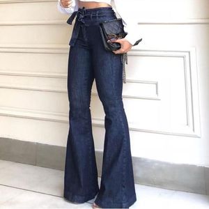 Lång mode kvinnor stor storlek snörning jeans hög midja stretch smala sexiga flare byxor nöd trasa #3