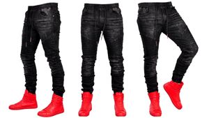 Jeans da jogging sportivi alla moda neri per abbigliamento da uomo Pantaloni jeans in vita elastica Pantaloni lunghi Pantalones