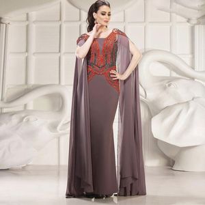 Fashion Arabic Mermaid Evening Dresses Bateau Neck Long Sleeves Beading Prom Gowns Floor Length Chiffon Formal Dress 415