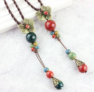 Rope Chain Retro Flower Charm Ceramic Beads Necklace red green color Bohemia Jewelry Long Chains Sweater Flowers Pendant Necklaces