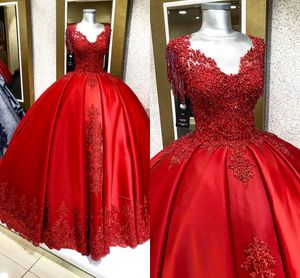 Czerwony Frezowanie Perły Afryki Suknie Ślubne Suknia Balowa Koronka Koronkowa Aplikacja Satin Bridal Party Recepcja Wedding Sukienka Vestidos De Novia