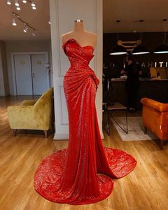 Elegant African Red Mermaid Prom Dresses Sequins Draped Ruched Floor Length Arabic Dubai Formal Dress Evening Gowns robe vestidos