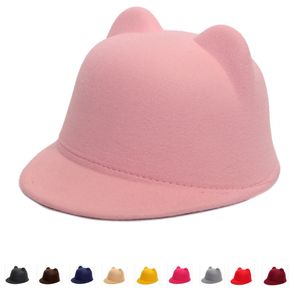 2019 Plain Wool Felt Fedora Hat with Cute Cat Ears for Kids and Adult Casual Parent-child Equestrian Cap Trilby Bowler Caps