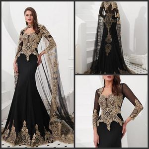 Mermaid Muslim Long Sleeve Elegant Evening Dresses formal Evening Gowns 2019 women vestidos de fiesta party Prom Gowns Gold Lace Applique