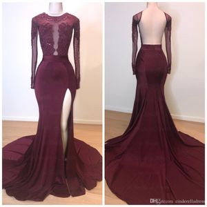 2020 Burgundia Syrenka Prom Dresses Illusion Długie Rękawy Split Side Backless Suknie Wieczorowe Koronka Aplikacja Cocktail Dress