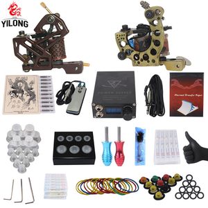Yilong Professional Complete Tattoo Kit Top Machine Gun Mix Ink Cup Zasilanie Igły T200609