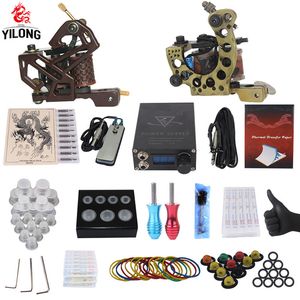 YILONG Professional Complete Tattoo Kit 2 Top Machine Gun 50 Mix Ink Cup 10 Needle Power Supply 3000246-12 T200609