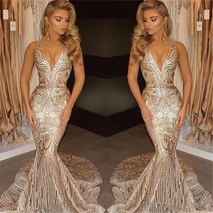 2020 Luxury Gold Sequined Mermaid Prom Klänningar Deep V Neck Sweep Train Lång Formell Plus Size Special Occasion Evening Party Pageant Gowns
