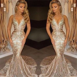 2020 Luxury Gold Cekinowe Syrenki Prom Dresses Głębokie V Neck Sweep Pociąg Długie Formalne Plus Rozmiar Specjalne okazje wieczorowe Party Workanty Suknie