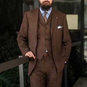 Very Good Three Buttons Brown Groom Tuxedos Peak Lapel Men Suits 3 pieces Wedding/Prom/Dinner Blazer (Jacket+Pants+Vest+Tie) W583