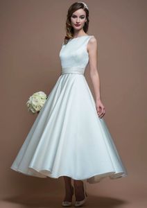 2019 NOWOŚĆ Długość herbaty w stylu vintage Krótkie suknie ślubne satynowe bez rękawów prosta sukienki ślubne z lat 50. XX wieku nieformalne wykonane na zamówienie