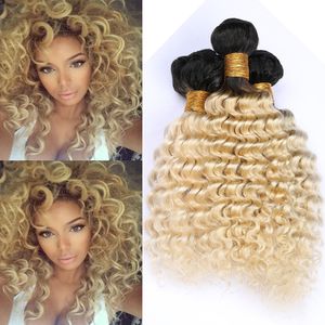 Blond OMBRE Brazilian Deep Wave Human Hair Weave Bundlar B Dark Roots Ombre Blonde Virgin Hair Weft Extensions Wavy Bundle Deals