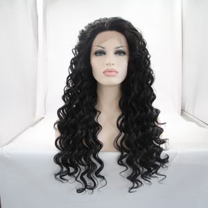 Fibra de alta temperatura Glueless Cabelo Brasileiro Longo Deep Wave Natural Preto Peruca Frente Sintética Para As Mulheres