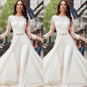 Elegant White Jumpsuits Pants Wedding Dresses Long Sleeve Lace Satin With Overskirts Beads Crystals Bridal Gowns Vestidos De Novia194C