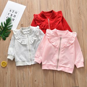 New design baby girl sweater long sleeve zipper pink grey ruffle coat children clothing outwear free shipping