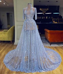 High Neck Sparkly A Line Prom Dresses Luxury Half Sleeve Beaded Evening Gown Plus Size Sequined Formal Party Pageant Gown