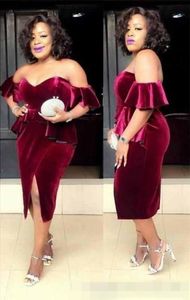 2020 Cocktail Dresses Off The Shoulder Velvet Short Prom Gowns Burgundy Formal Dress