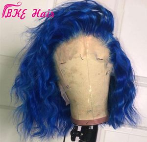 Sexig cosplay blå färg kort bob syntetiska peruker med baby hår lösa våg spets fram peruker för afrikanska svarta kvinnor fest