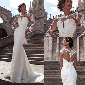 Vestidos românticos de casamento de sereia o pescoço mangas compridas piso de renda vestidos de noiva longos vestidos de noiva vestidos de novia bc3058