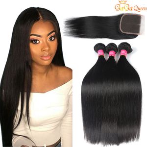 Brazylijski Virgin Hair Paundles z koronki Zamknięcie nieprzetworzone 4x4 koronki zamknięcie z ludzkimi wiązkami włosów brazylijski proste włosy splatce