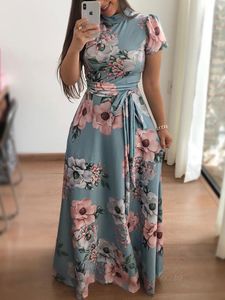 Summer Boho Floral Print Long Dress Short Sleeve Tunic Maxi Dress Women Fashion Evening Party Dress