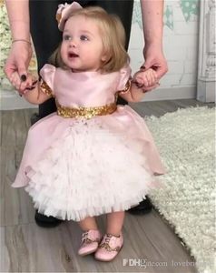 Vacker rosa kort blomma tjejer barn pageant klänningar formellt tillfälle sequined bow lace prom party baby toddler liten första kommunion