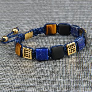 Yeni Erkekler Bilezik 10x10mm Doğal Lapis Lazuli Kare Taş Boncuk Siyah CZ Gipür Bilezikler Toptan 10pcs / lot Üst Kalite