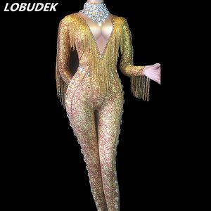 Sparkly Rhinestones Gold Tassels Jumpsuit Stretch Leotard Jumpsuits Rompers Sexy Women DJ DS Costume Party Singer Performance Stage Wear