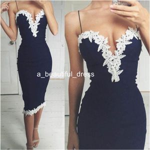 Navy Satin Prom Evening Dresses Knee Length Straight Straight Straps Lace Graduation Dresses Formal Dresses Short Cocktail Gowns ED1264