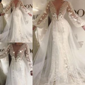 Deep V Neck Wedding Dresses Lace Long Sleeves See Through Bridal Gowns Tulle Covered Mermaid Wedding Vestidos Custom Made