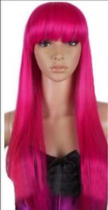 Hair Wig Women Fashion Long ROSE PINK Straight Hair Flat Bangs Costume Wigs