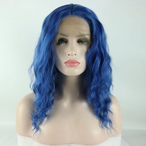 14" Short loose wave Synthetic lace front wig for black Women Lady Daily Costume Cosplay Wig Blue High Temperature Fiber